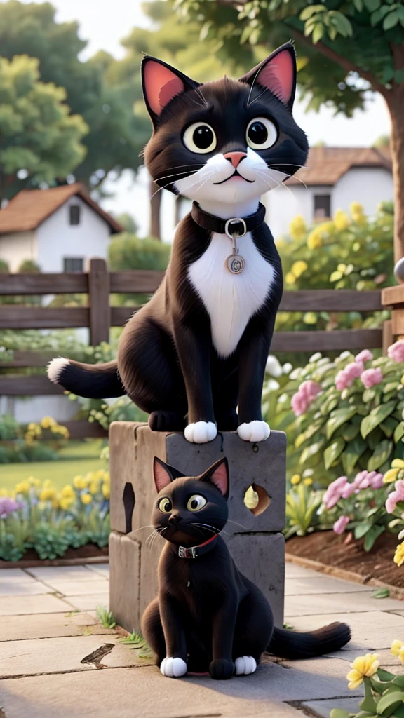 The same black and white cat meowing to call over other neighborhood cats, who come to see what’s going on in the garden