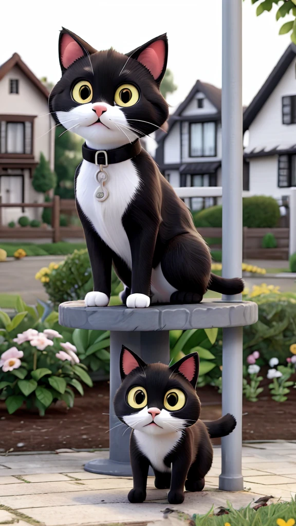 The same black and white cat meowing to call over other neighborhood cats, who come to see what’s going on in the garden