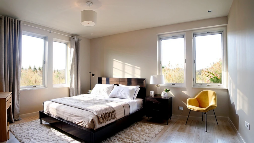 A minimalist bedroom with a soft color palette and natural light streaming in through the window