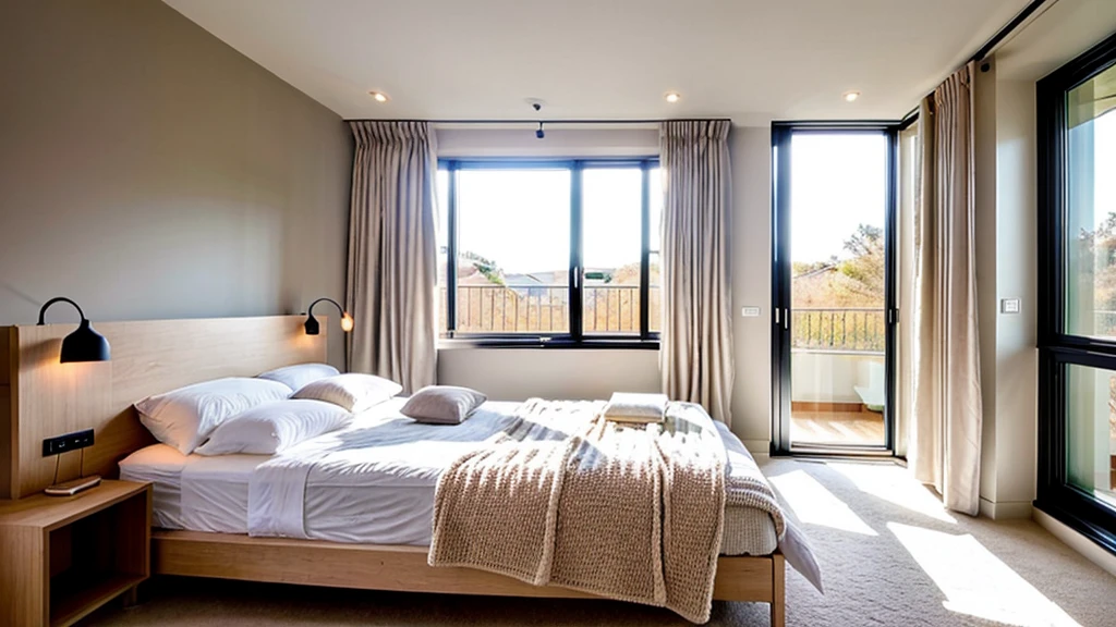 A minimalist bedroom with a soft color palette and natural light streaming in through the window