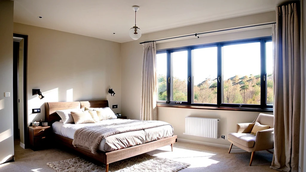 A minimalist bedroom with a soft color palette and natural light streaming in through the window