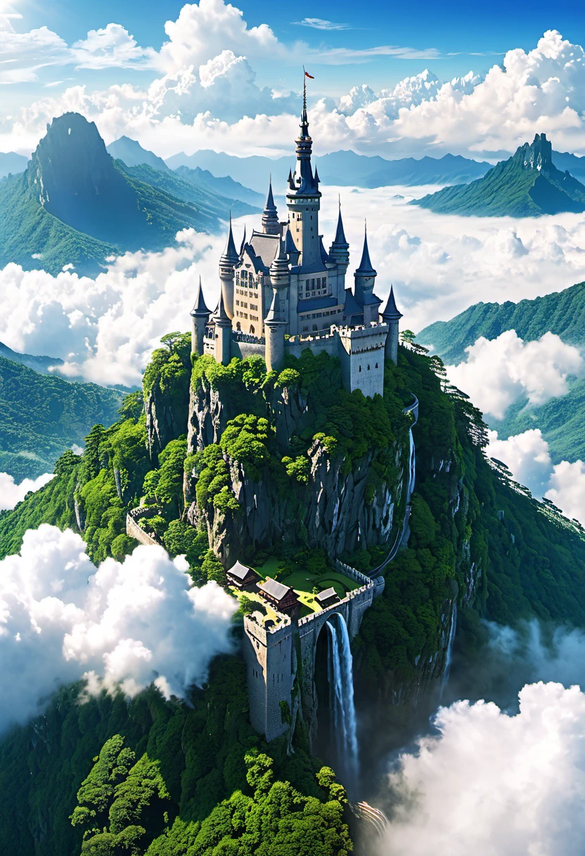 Generate Laputa: Castle in the Sky。
Create a detailed image of a castle floating above the clouds in the sky。The castle is ancient、Magnificent weathered stone wall、High spire、and features lush vegetation along its surface.。Fluffy white clouds spread around the castle.、The sunlight is streaming in.。Below you can see vast and tranquil mountain and forest views.。In the sky around the castle、There are a few small airships flying、It adds to the sense of adventure and wonder.。The overall scene iagical, reminiscent of a fantasy world、It creates an otherworldly atmosphere。

