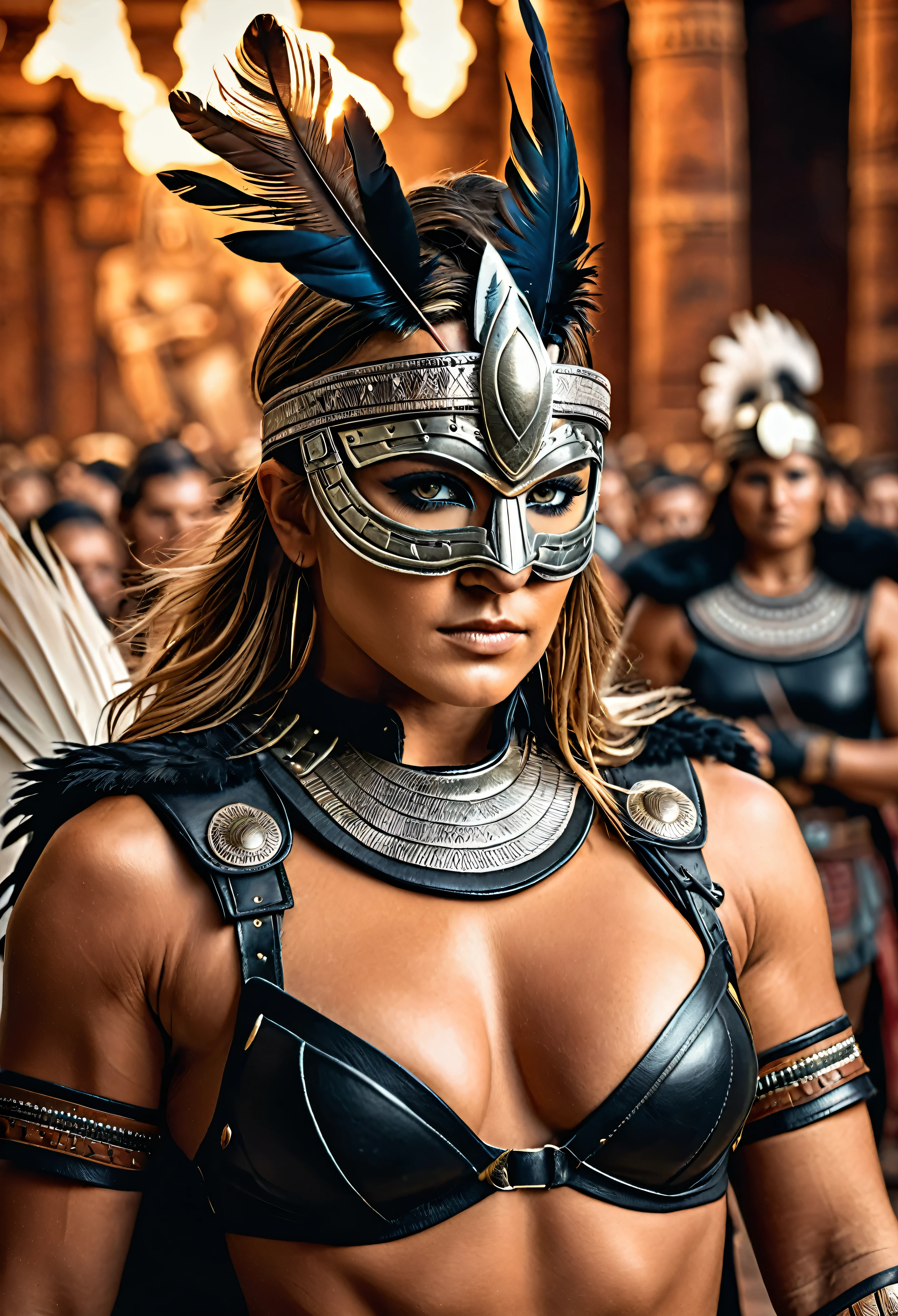 close up, photorealistic, (masterpiece:1.3), (best quality:1.3), beautiful, (intricate details), unity 8k wallpaper, ultra detailed, beautiful, aesthetic, perfect lighting, crowd around WestGark, very strong woman, (muscular:1.2), wearing leather plastron armor, wearing animal mask with feathers, wearing toga, hunting,  (aztec temple background:1.0),  (perfect hands:1.2),,