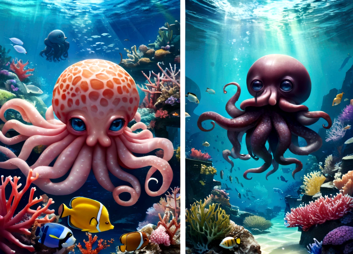 Progressive cover albums, Curious oil painting of an octopus&#39;s underwater habitat and its mysterious charm, coral, mago, realista