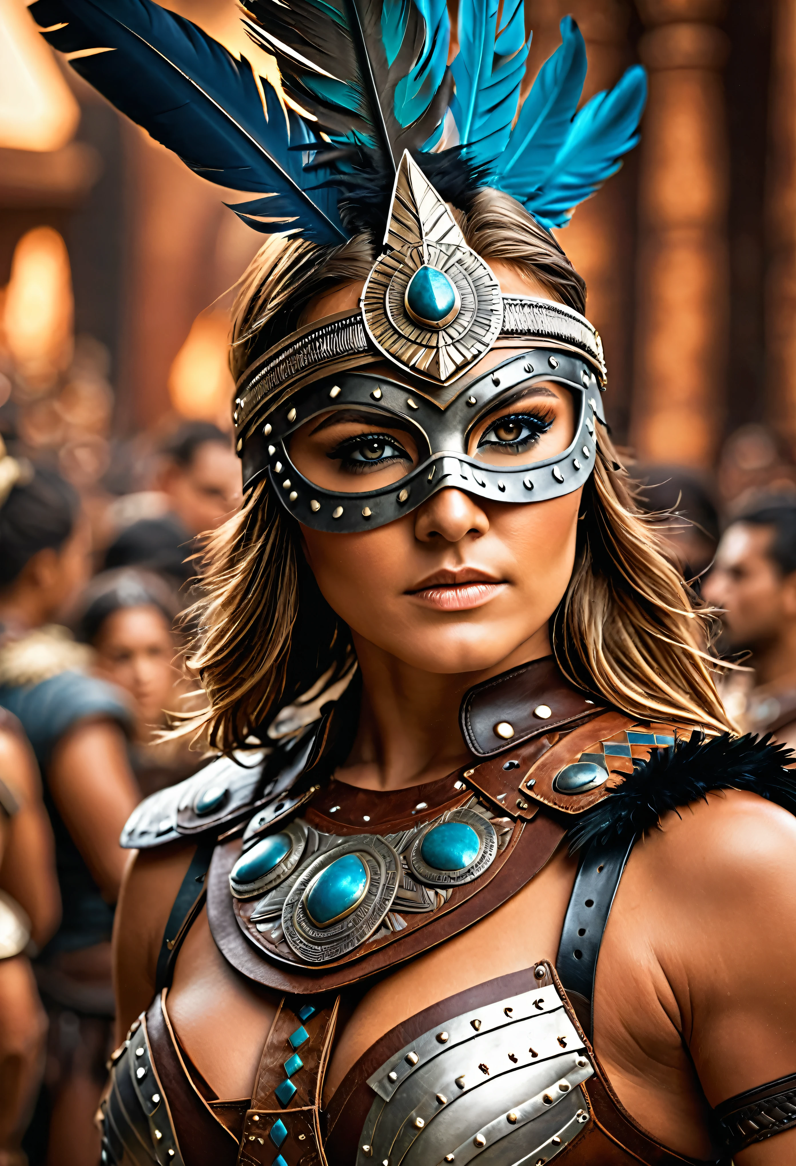 close up, photorealistic, (masterpiece:1.3), (best quality:1.3), beautiful, (intricate details), unity 8k wallpaper, ultra detailed, beautiful, aesthetic, perfect lighting, crowd around WestGark, very strong woman, (muscular:1.2), wearing leather plastron armor, wearing animal mask with feathers, wearing toga, hunting, (aztec temple background:1.0), (perfect hands:1.2),,