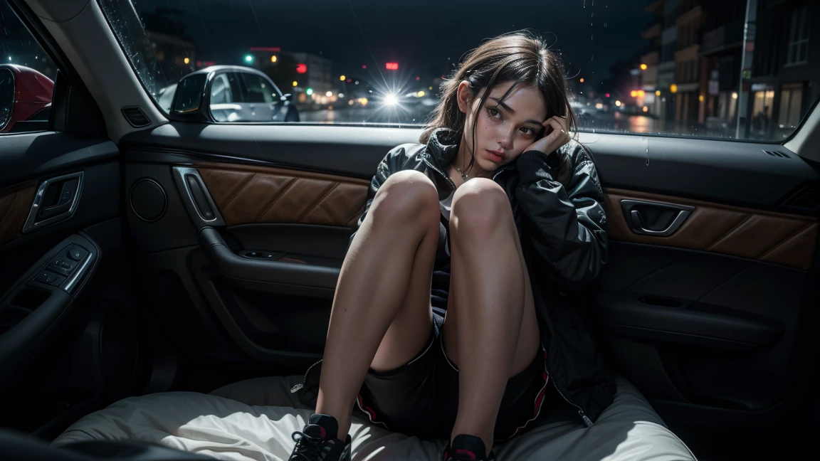 full body shot, entire body in frame, punk rock style girl with closed eyes sleeping wearing shorts is sleeping inside a car theres a windown next to her with raindrops, night light cinematic