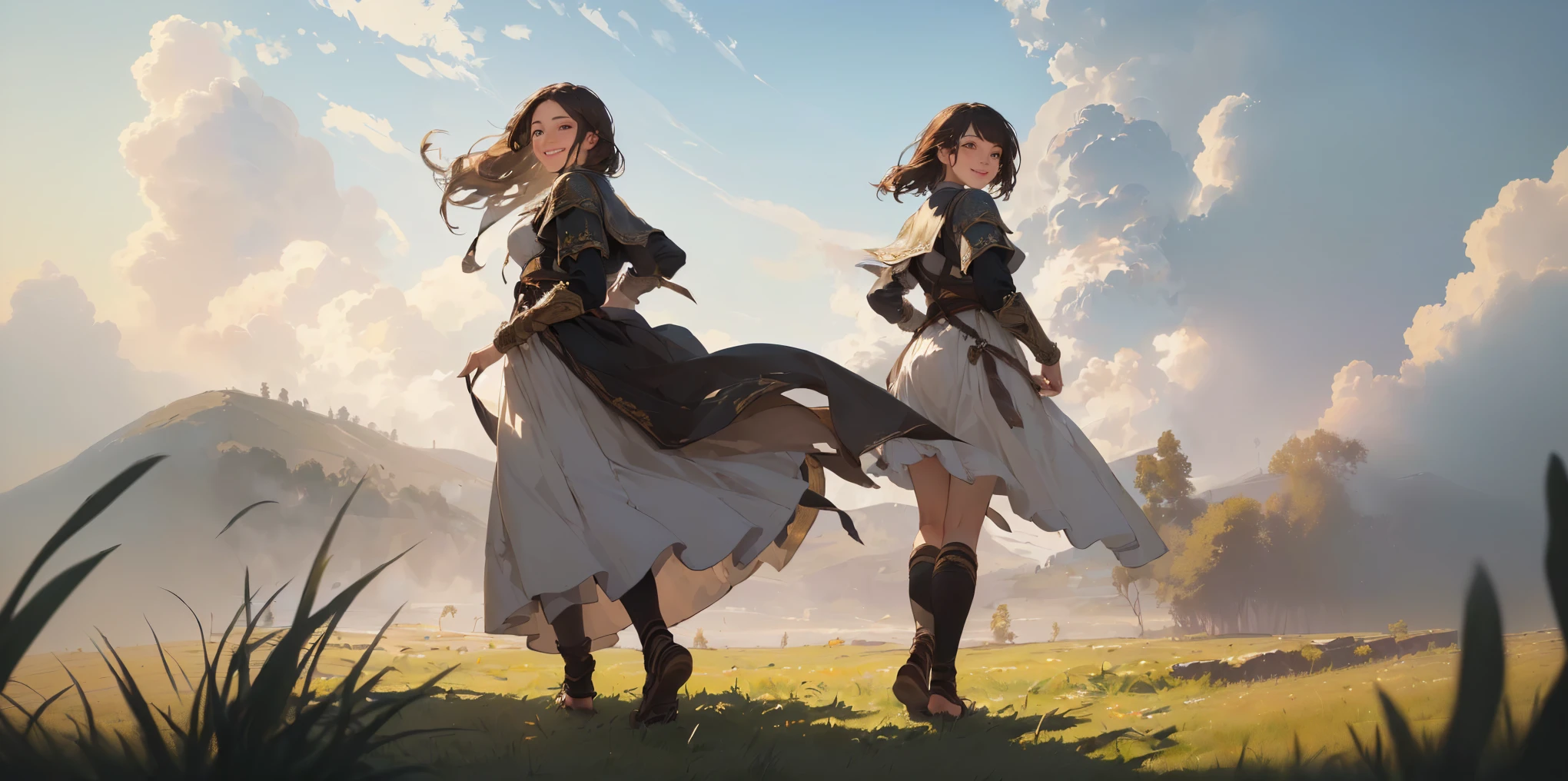 (((Top quality, 4k, 8k, high resolution, masterpiece: 1.2))), (super detailed), (realistic), (photorealistic), (photorealistic: 1.37), (HDR, UHD), (studio (lighting)), ultra-fine drawing, sharp focus, physically based rendering, highly detailed, professional, vibrant colors, medieval European clothing, adventurer's clothing, Vast grassland, majestic plain, wind, grass swaying in the wind, (((girl, girl smiling, girl's feet, girl looking back, girl walking))),