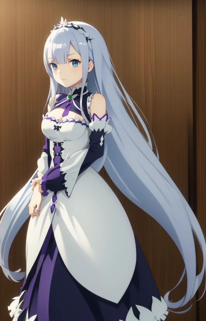 emilia de re:zero, agaixada na biblioteca, cabelo branco longo, ornamento de cabelo, olhos roxos, sentada, re:zero