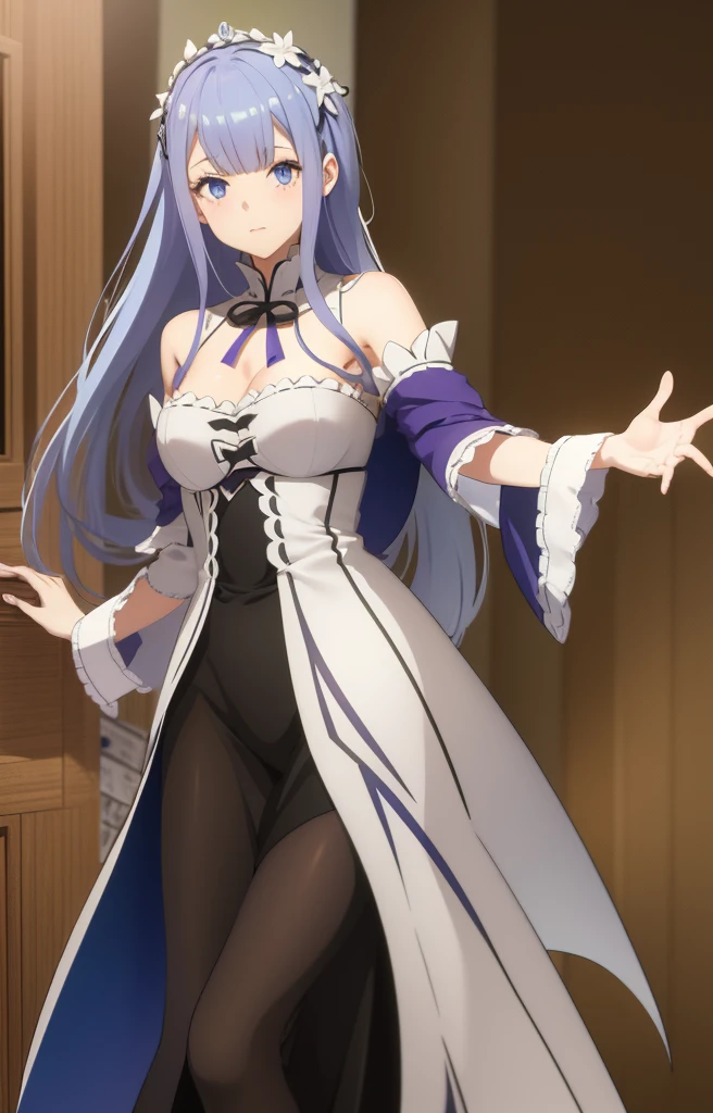 emilia de re:zero, agaixada na biblioteca, cabelo branco longo, ornamento de cabelo, olhos roxos, sentada, re:zero