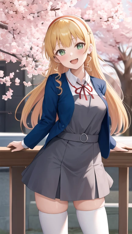 masterpiece, best quality, highres, sumire1,1girl, hairband, long hair, 1girl, solo, white thighhighs, , red ribbon, neck ribbon, grey dress, blue jacket, open jacket, blunt bangs, pinafore dress, white shirt, long sleeves, collared shirt, medium breasts, standing, cowboy shot, smile, open mouth, leaning forward, outdoors, cherry blossoms,