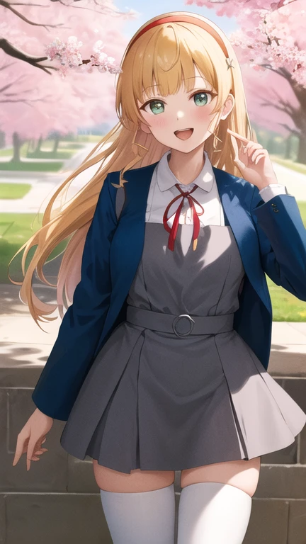 masterpiece, best quality, highres, sumire1,1girl, hairband, long hair, 1girl, solo, white thighhighs, , red ribbon, neck ribbon, grey dress, blue jacket, open jacket, blunt bangs, pinafore dress, white shirt, long sleeves, collared shirt, medium breasts, standing, cowboy shot, smile, open mouth, leaning forward, outdoors, cherry blossoms,