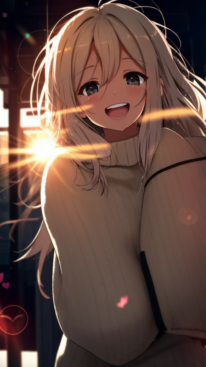 a girl, cosy sweater on, upper body, (huge Laughing:1.1), (open mouth:1.1), (wide open eyes:1.2), sun glare, bokeh, depth of field, blurry background, light particles, strong wind, (heart particles:1.1)