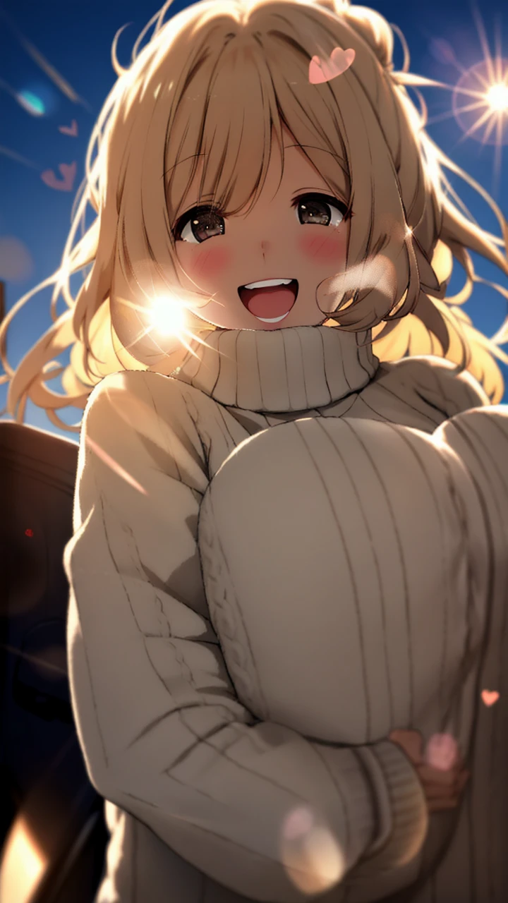a girl, cosy sweater on, upper body, (huge Laughing:1.1), (open mouth:1.1), (wide open eyes:1.2), sun glare, bokeh, depth of field, blurry background, light particles, strong wind, (heart particles:1.1)