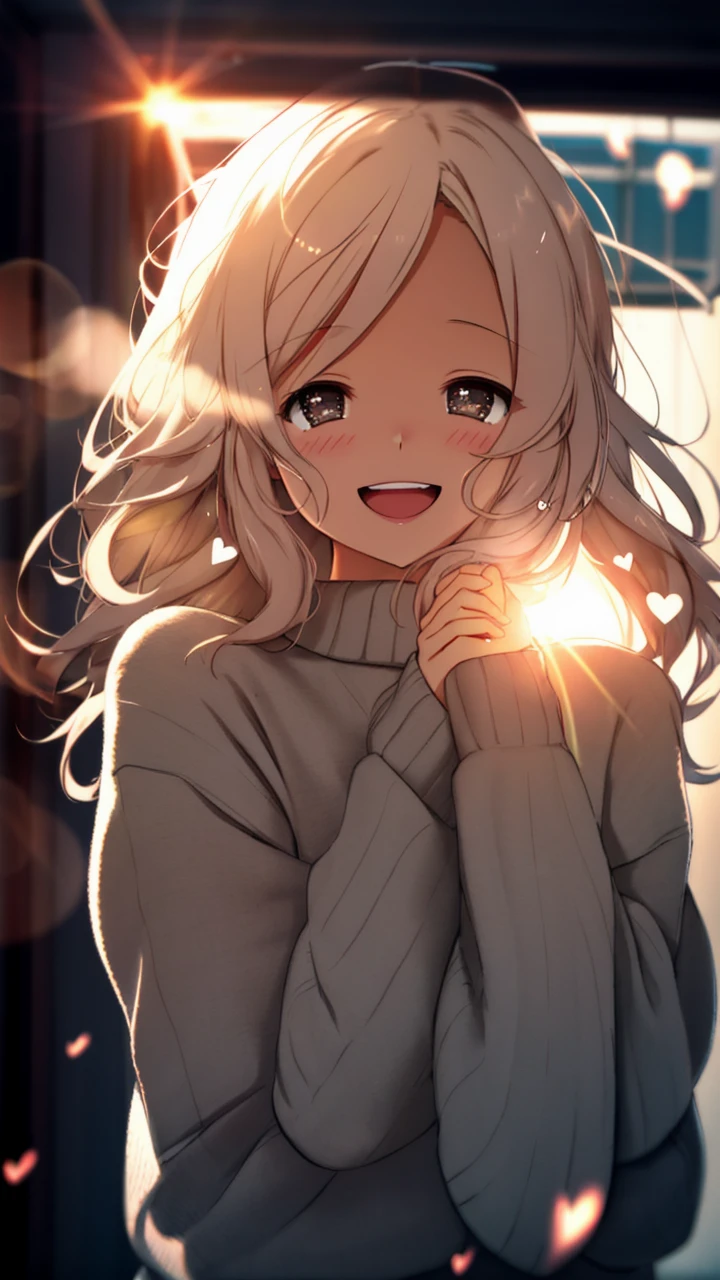 a girl, cosy sweater on, upper body, (huge Laughing:1.1), (open mouth:1.1), (wide open eyes:1.2), sun glare, bokeh, depth of field, blurry background, light particles, strong wind, (heart particles:1.1)