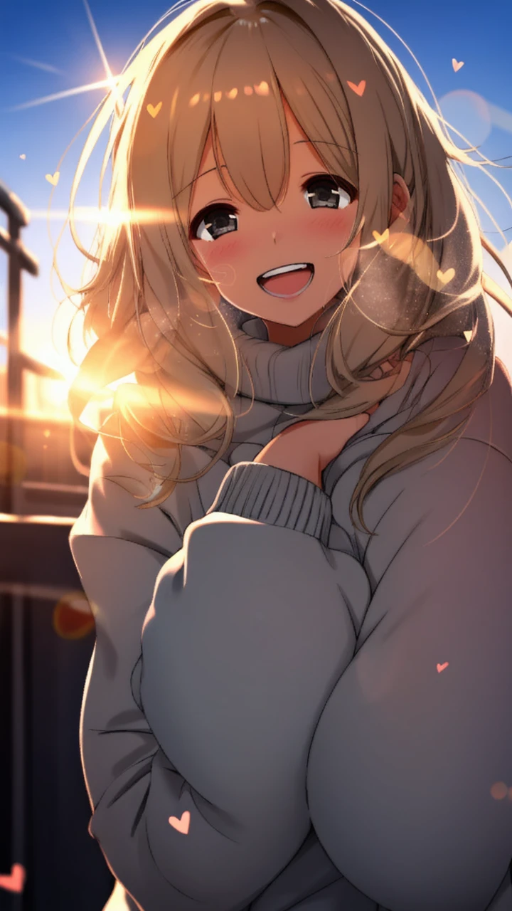 a girl, cosy sweater on, upper body, (huge Laughing:1.1), (open mouth:1.1), (wide open eyes:1.2), sun glare, bokeh, depth of field, blurry background, light particles, strong wind, (heart particles:1.1)