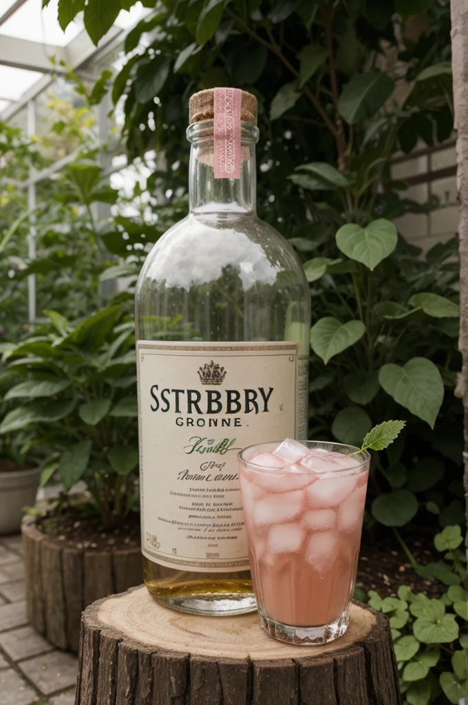 bootle of strabery gin siting on stump in beatiful green house , one bootle, 1 full shot, pink colored gin, strabery laying around, pink liquid, luxury 