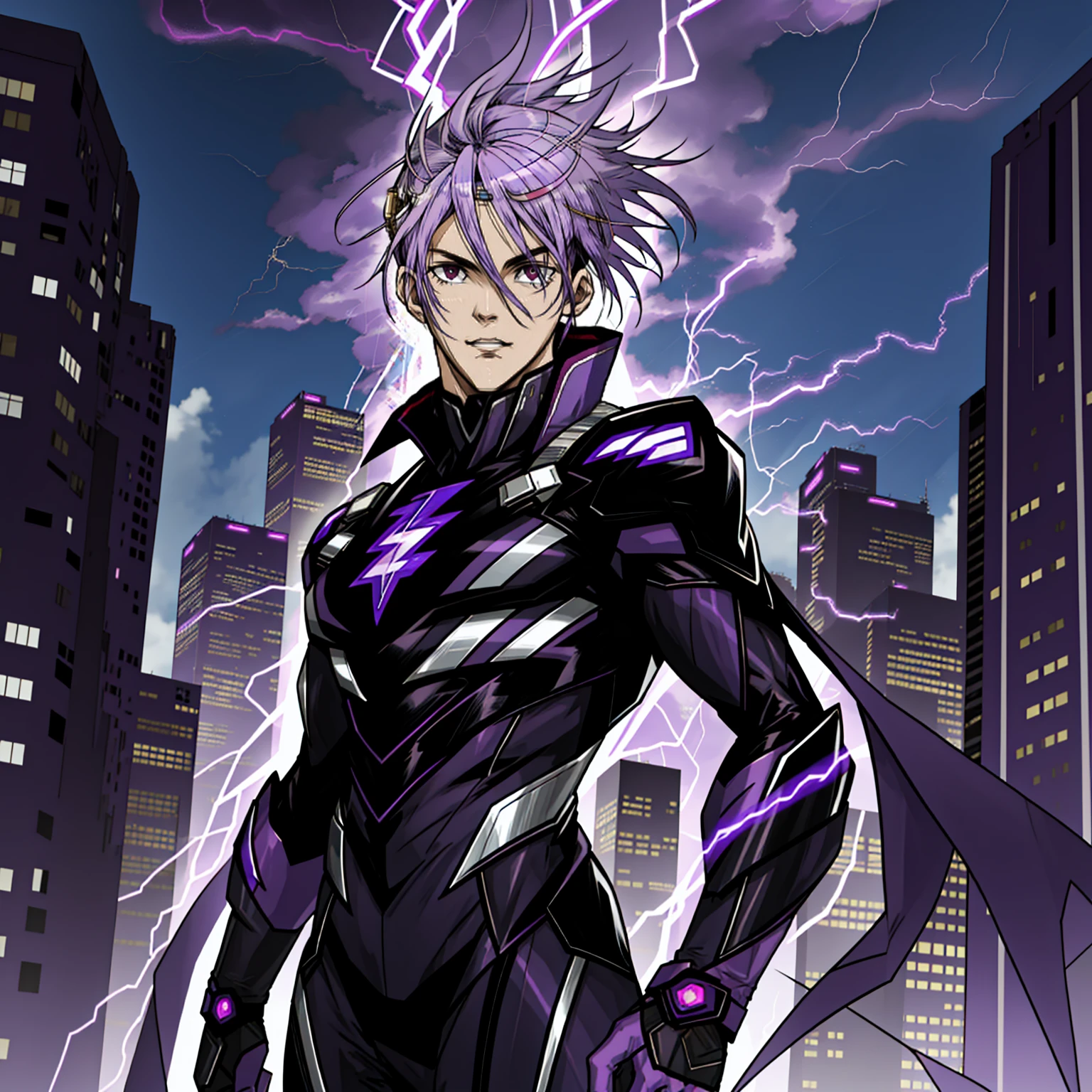 8k anime, ultra-high quality, perfectres, super hero, 25 year old boy, purple and black lightning suit, purple lightning powers, messy silver hair, purple eyes, light skintone, mature, mature facial features, dark city background, purple lightning sword, comic artstyle