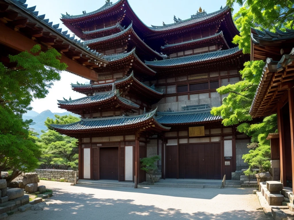 Uma cidade grande e fortificada da era Heian, rodeada por montanhas e protegida por um imenso muro. Na entrada, there is a gigantic gate with various enchantments and spells. Dentro da cidade, ao lado esquerdo, there is a small forest with beautiful trees that lead to a temple where the first jujutsu school is located, and where a powerful curse is sealed. on the right, there are shops, houses and various buildings. in front of the gate, there is a big building, chamativa, extravagante e muito bem protegida: Jitô&#39;s house. Cidade completa vista de cima
