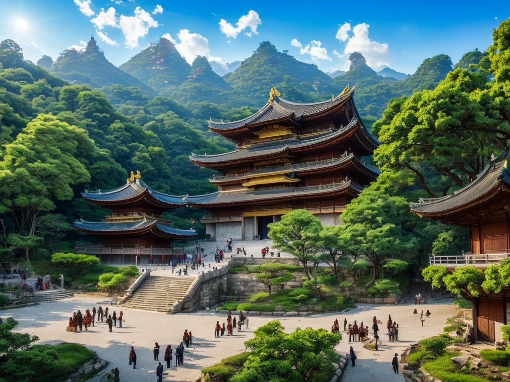 Uma cidade grande e fortificada da era Heian, rodeada por montanhas e protegida por um imenso muro. Na entrada, there is a gigantic gate with various enchantments and spells. Dentro da cidade, ao lado esquerdo, there is a small forest with beautiful trees that lead to a temple where the first jujutsu school is located, and where a powerful curse is sealed. on the right, there are shops, houses and various buildings. in front of the gate, there is a big building, chamativa, extravagante e muito bem protegida: Jitô&#39;s house. Cidade completa vista de cima
