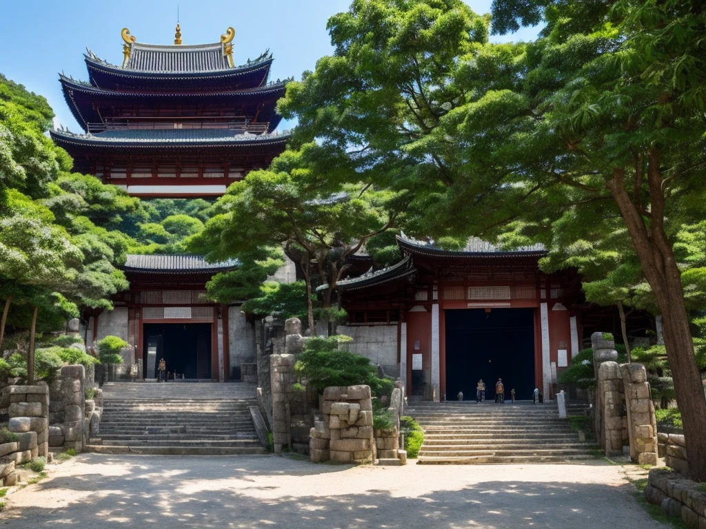 Uma cidade grande e fortificada da era Heian, rodeada por montanhas e protegida por um imenso muro. Na entrada, there is a gigantic gate with various enchantments and spells. Dentro da cidade, ao lado esquerdo, there is a small forest with beautiful trees that lead to a temple where the first jujutsu school is located, and where a powerful curse is sealed. on the right, there are shops, houses and various buildings. in front of the gate, there is a big building, chamativa, extravagante e muito bem protegida: Jitô&#39;s house. Cidade completa vista de cima
