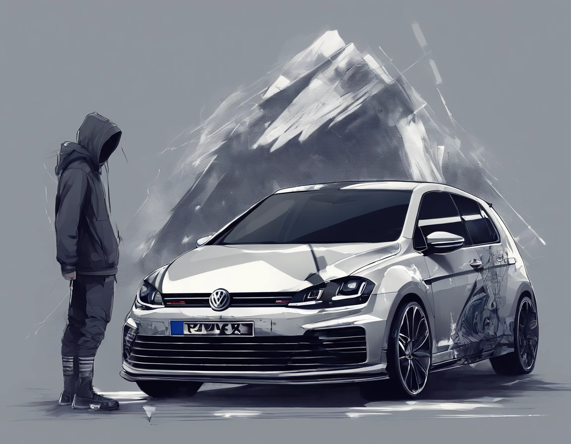 Guy wearing hoodie and mask stand beside volkswagen golf r 2024