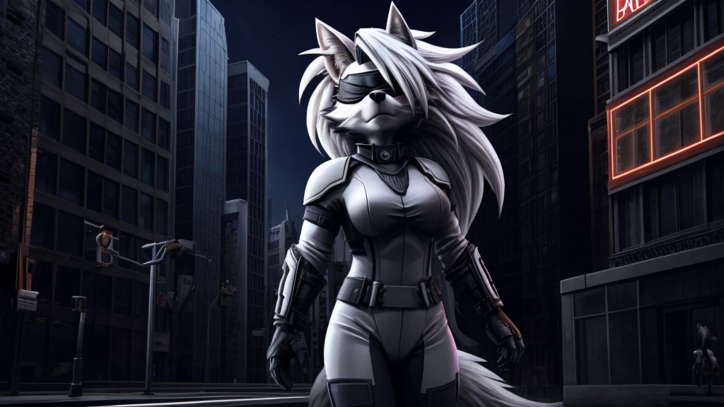 Loona from Helluva Boss, female white wolf, short white hair, blindfold, she is blind, white combat military armor suit, standing above a building, New York, night, dark lighting, extremely detailed, solo, beautiful, high quality, 4K