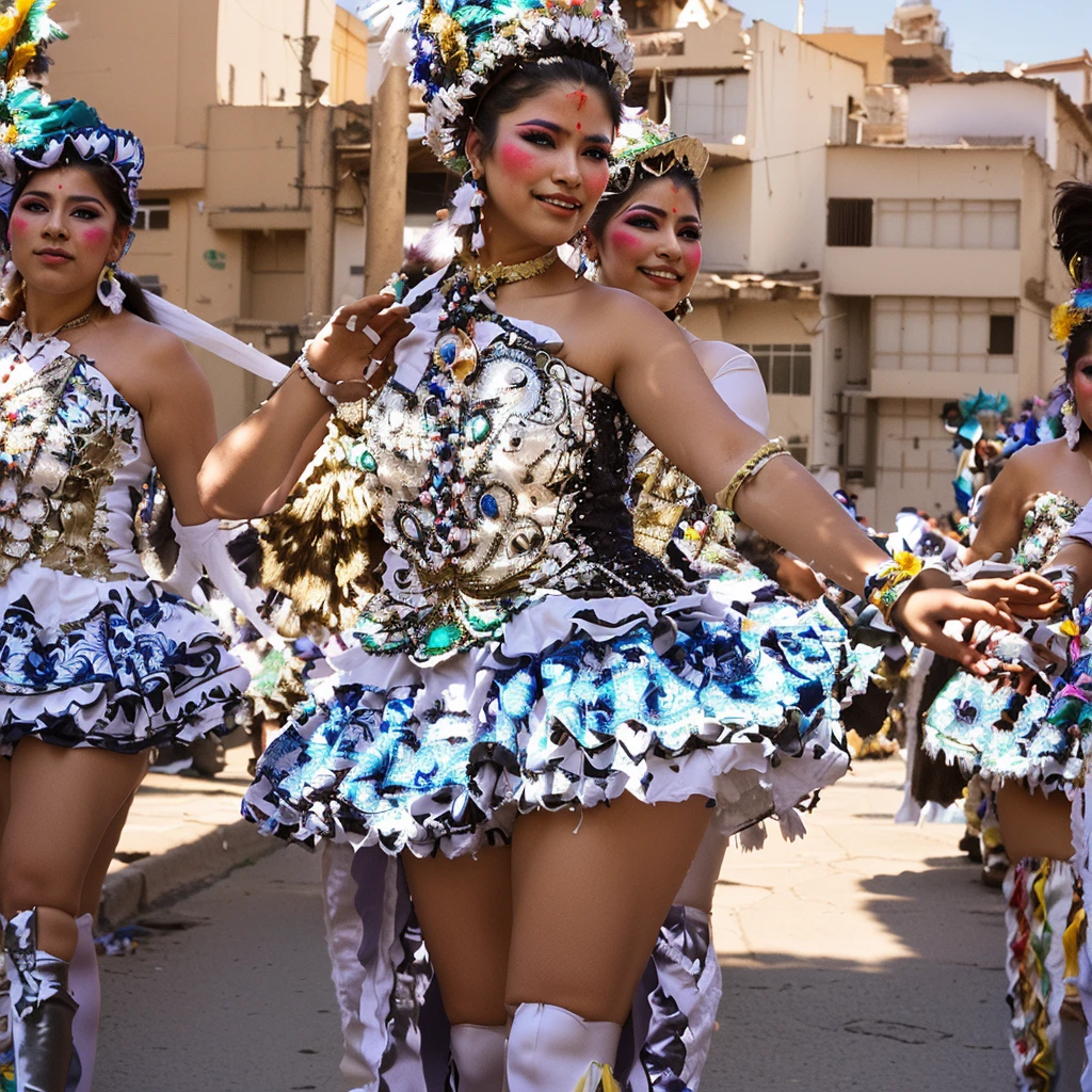 Hermosa mujer blanca ojos azules.Araffes con trajes coloridos caminando por una calle con una multitud, carnaval de barranquilla, Carrozas Carnaval, elaboradamente disfrazado, carneval, vistiendo un traje adornado, traje elaborado, festival de colores ricos, disfraz tradicional, exotic costumes, folklorico, still style, danza azteca dancers