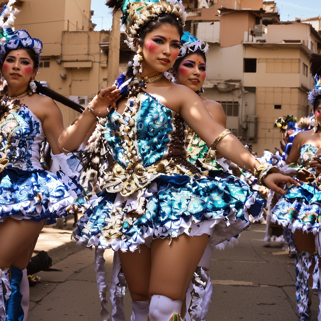Hermosa mujer blanca ojos azules.Araffes con trajes coloridos caminando por una calle con una multitud, carnaval de barranquilla, Carrozas Carnaval, elaboradamente disfrazado, carneval, vistiendo un traje adornado, traje elaborado, festival de colores ricos, disfraz tradicional, exotic costumes, folklorico, still style, danza azteca dancers