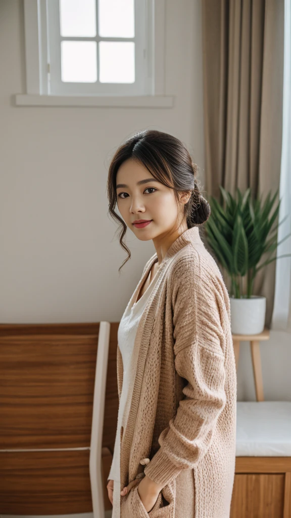 a young Korean housewife in a beige cardigan, pink floral dress, large hair bun, standing in living room, face to viewer, feminine pose, serene expression, cute face, detailed face, detailed clothing, detailed background, natural lighting, warm colors, beautiful scenery, intricate details, highly detailed, photorealistic, 8k, ((masterpiece)), cinematic style, portrait