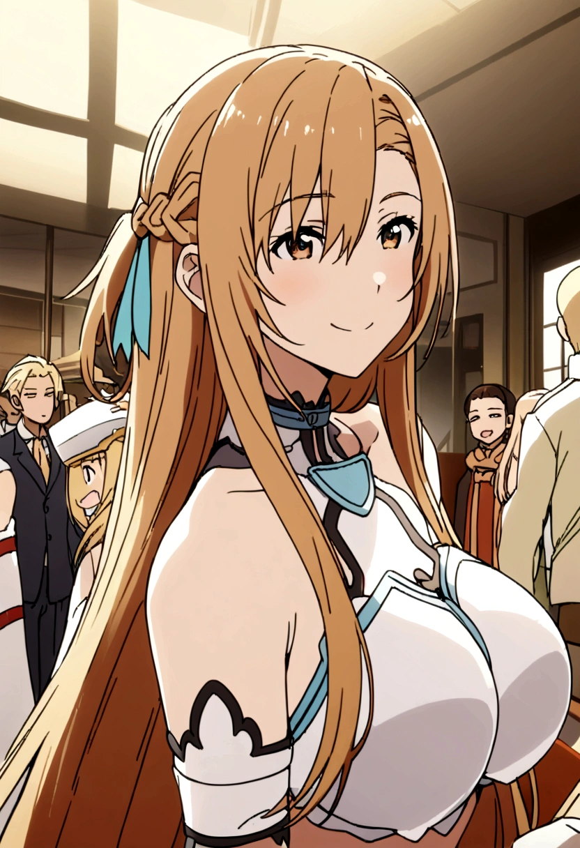 Asuna, length_hair, chest, Looking_in_Audience, smile, blonde_hair, brown_eye, big_chest, bikini_armor, skirt, chestの谷間, Pause, indoor, city