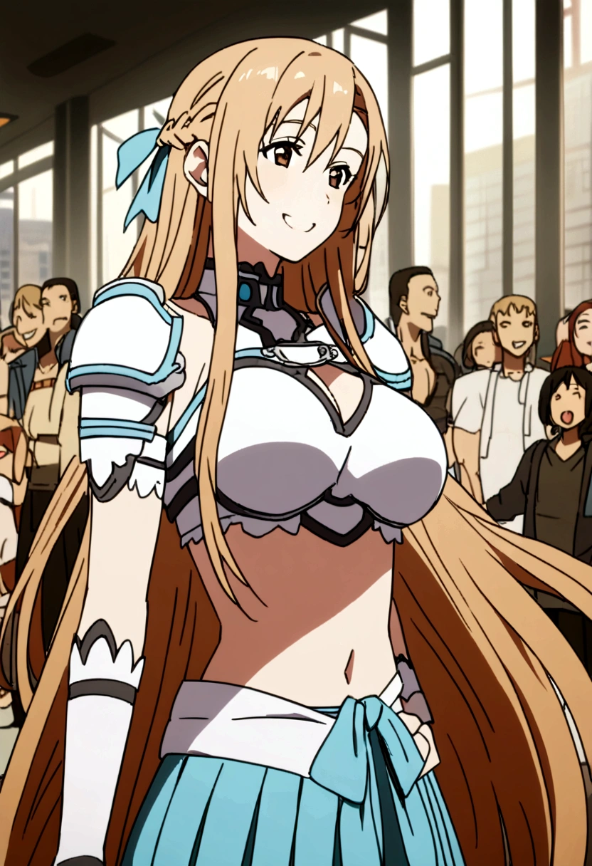 Asuna, length_hair, chest, Looking_in_Audience, smile, blonde_hair, brown_eye, big_chest, bikini_armor, skirt, chestの谷間, Pause, indoor, city