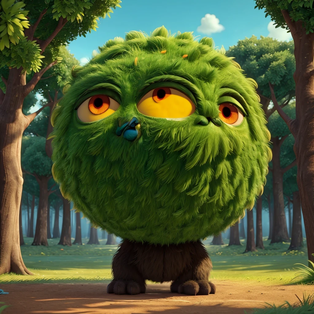 Adorable monster like movie "where monsters live" he is like a big round haircut ball, with not body, she have beautiful and big eyes black with green border, she have many long hair like raimbow color, walking in a fantasy forest, green, yellow and orange colors in ambient, she is between trees and long grass. Fantasy world style, dreamworks style, animation 3d, cartoon characters.