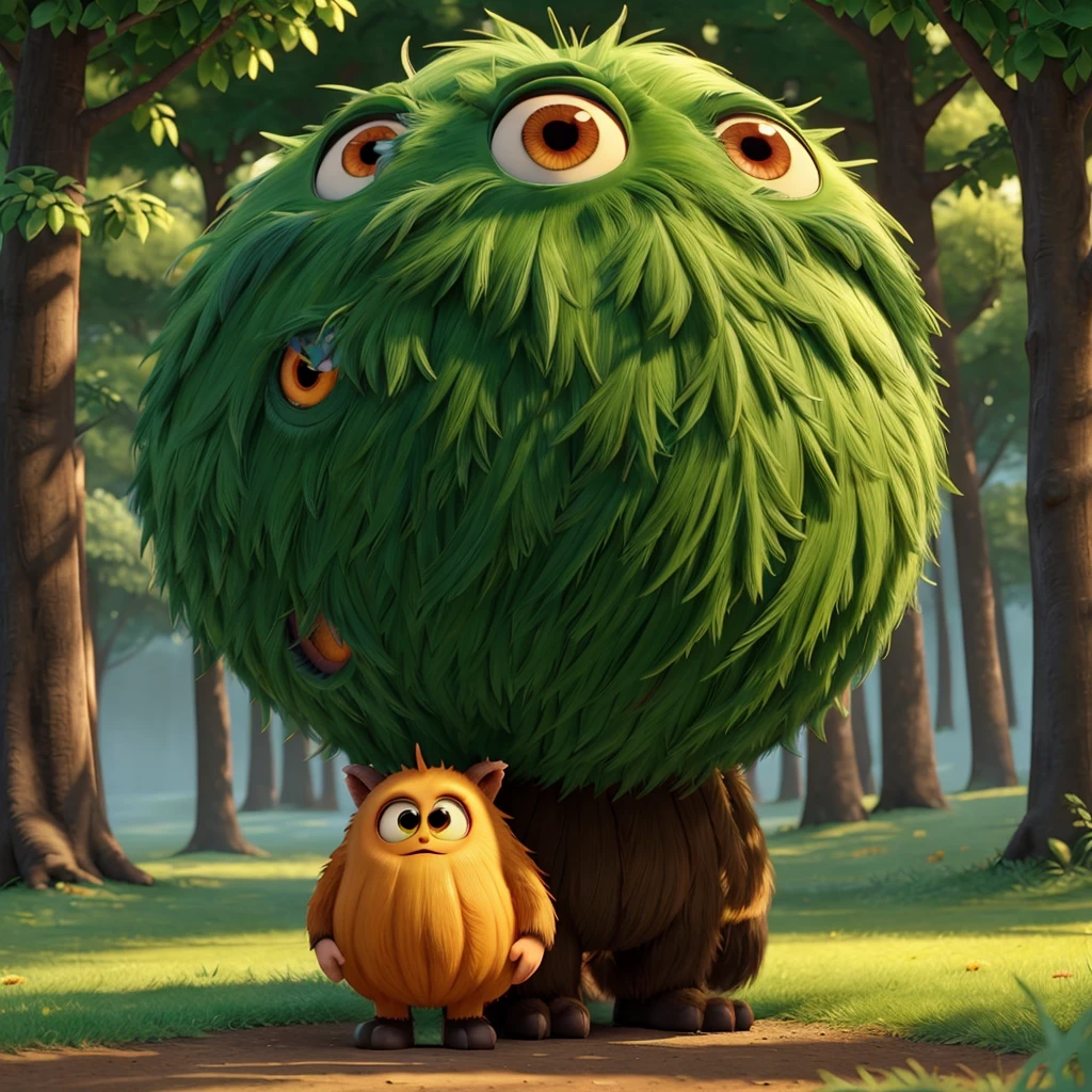 Adorable monster like movie "where monsters live" he is like a big round haircut ball, with not body, she have beautiful and big eyes black with green border, she have many long hair like raimbow color, walking in a fantasy forest, green, yellow and orange colors in ambient, she is between trees and long grass. Fantasy world style, dreamworks style, animation 3d, cartoon characters.