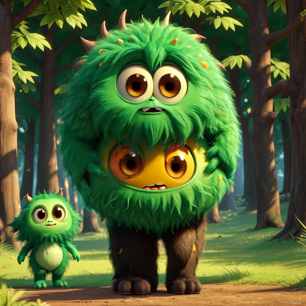 Adorable monster like movie "where monsters live" he is like a big round haircut ball, with not body, she have beautiful and big eyes black with green border, she have many long hair like raimbow color, walking in a fantasy forest, green, yellow and orange colors in ambient, she is between trees and long grass. Fantasy world style, dreamworks style, animation 3d, cartoon characters.