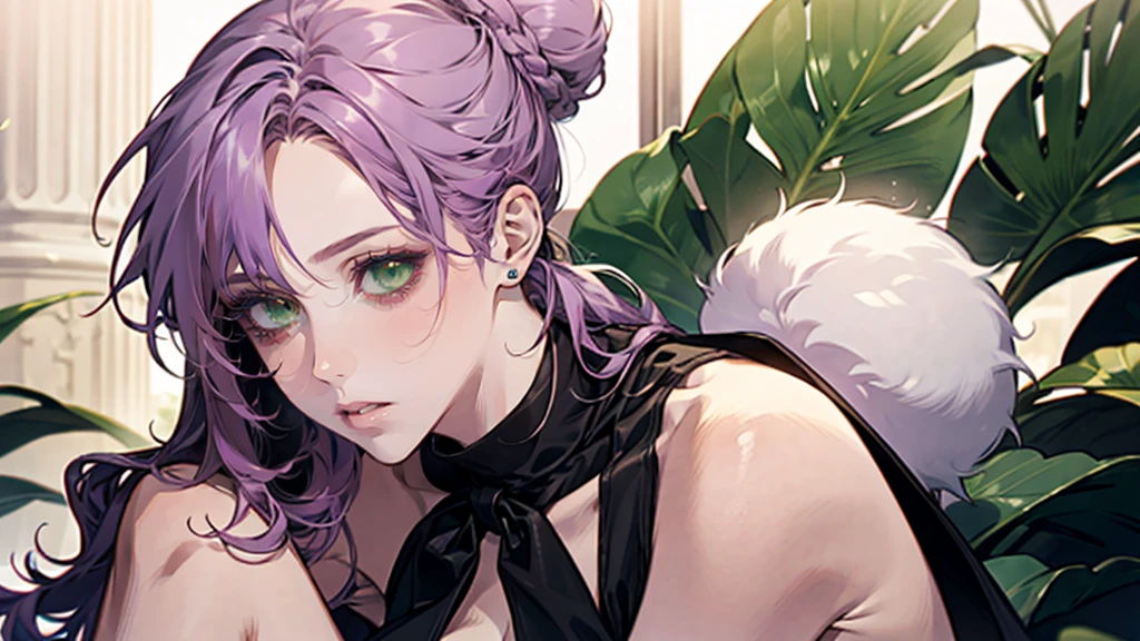 Beautiful, elegant girl with purple hair, green eyes and pale skin. Her hair is long and curly, she has two cute buns on the sides. She's an elf. Elven ears. (She smiles:1.2). Black background.