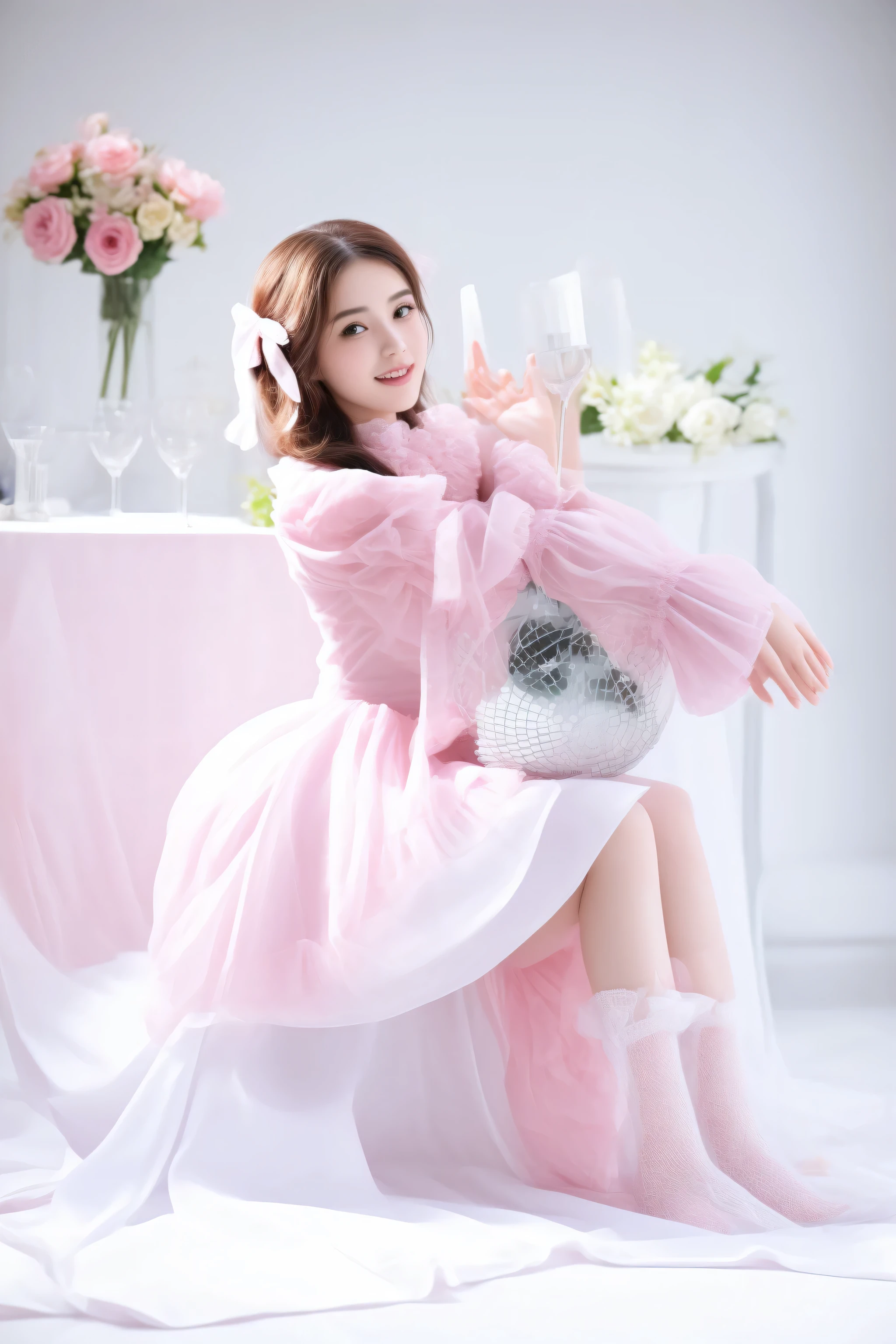 there is a woman sitting on a chair with a purse, belle delphine, sakimichan, portrait of magical ta girl, fairycore, with soft pink colors, frill, wearing pink romantic tutu, chiho, wearing a pink ballroom gown, dreamy style, lolityle, style of magical girl, wearing organza gown, cute elegant pose, dreamy soft