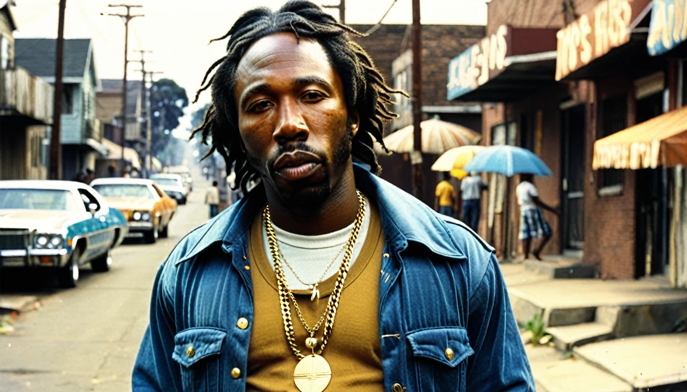 1970s photo of "MC Eiht" wearing 1970s attire, he is in the ghetto, atmospheric perspective, 