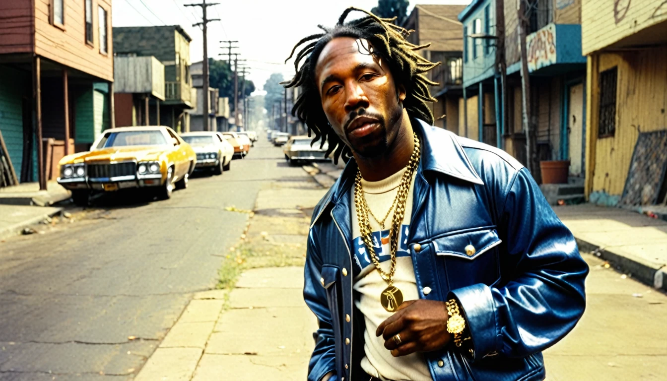 1970s photo of "MC Eiht" wearing 1970s attire, he is in the ghetto, atmospheric perspective, 