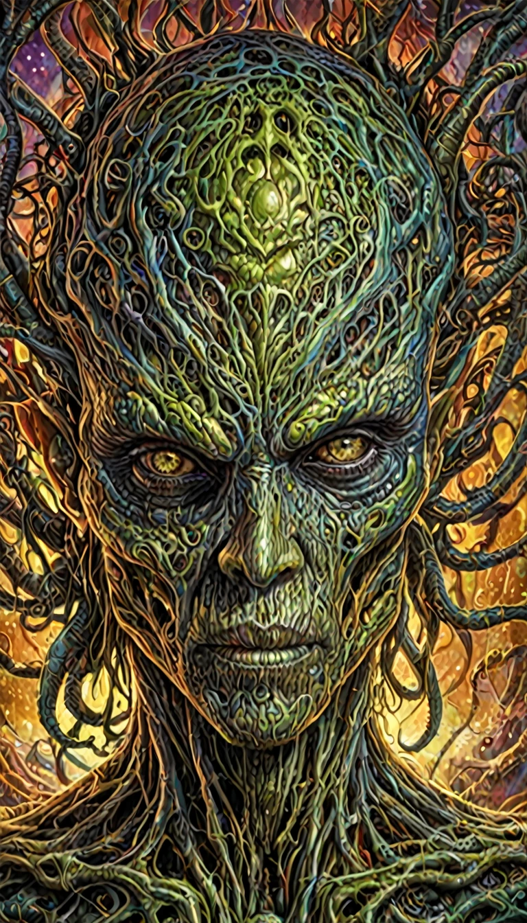 a close up of a person with an alien face, psytrance artwork, naoto hattori, dan mumford and alex grey style, highly detailed visionary art, by Todd Lockwood, intricate alien botanicals, android jones and chris dyer, dan mumford and peter mohrbacher, drew struzan tomasz alen kopera, hyper - detailed visionary art