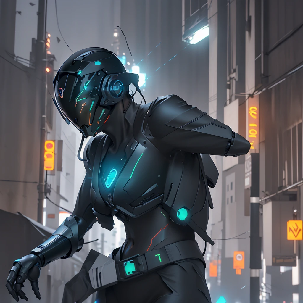 1girl, short black hair, blue eyes, sexy slim body, algo parecido a daftpunk, muy intrincado, Small LED details, Advanced technology closed helmet, ambiente oscuro, dramatico, luz y sombra, ((Kinematic, Black neon,)) action film, nitidez, neon-noir ciudad moderna, street neon lights, calle oscura, noche, foto de Insta, Photo of the Year, Epic resolution, Epic Quality, Epic sharpness, Intrincada epopeya,urban techwear,Reelmech, beautiful woman in cybernetic suit ,(close up)