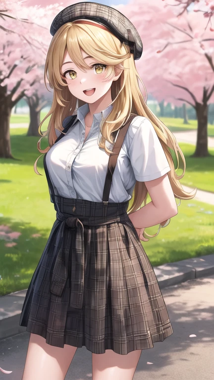 masterpiece, best quality, highres, aaemma, long hair, blonde hair, yellow eyes, beret, hat, plaid, suspender skirt, high-waist skirt, smile, open mouth, outdoors, stadning, leaning forward, arms behind back, cherry blossoms,