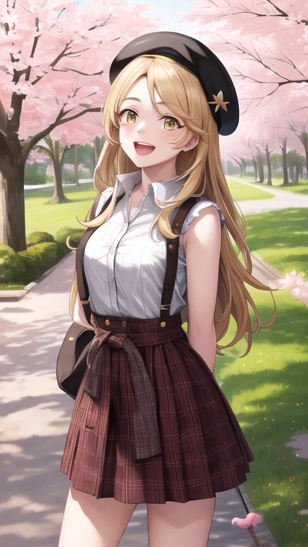 masterpiece, best quality, highres, aaemma, long hair, blonde hair, yellow eyes, beret, hat, plaid, suspender skirt, high-waist skirt, smile, open mouth, outdoors, stadning, leaning forward, arms behind back, cherry blossoms,