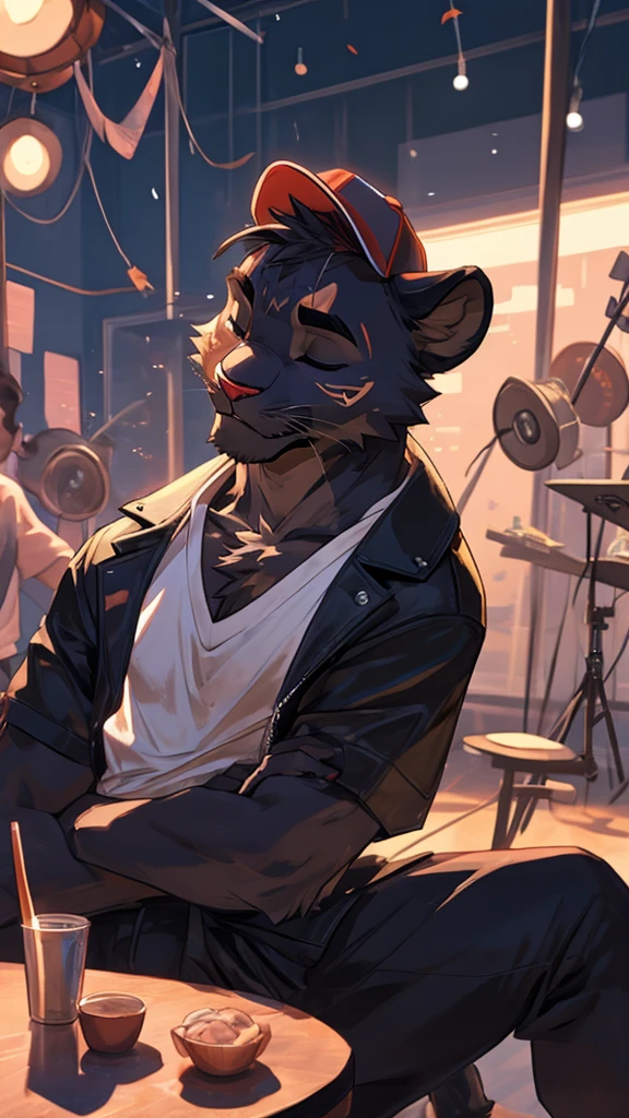 A male furry Panther is in the middle of a studio, exhausted from dance practice, wearing a cap and an open black jacket showing his chest. He looks all over her body and is happy about the test she just did.