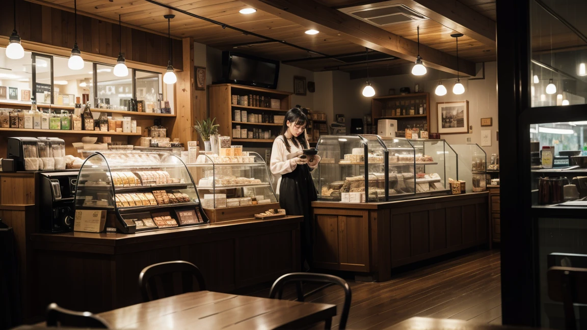 coffee shop interior with a window at night raining outside, theres a cashier watching at the window