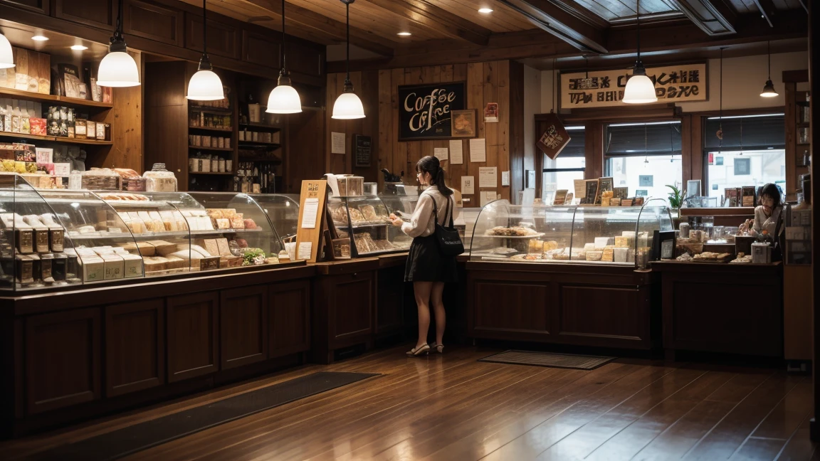 coffee shop interior with a window at night raining outside, theres a cashier watching at the window