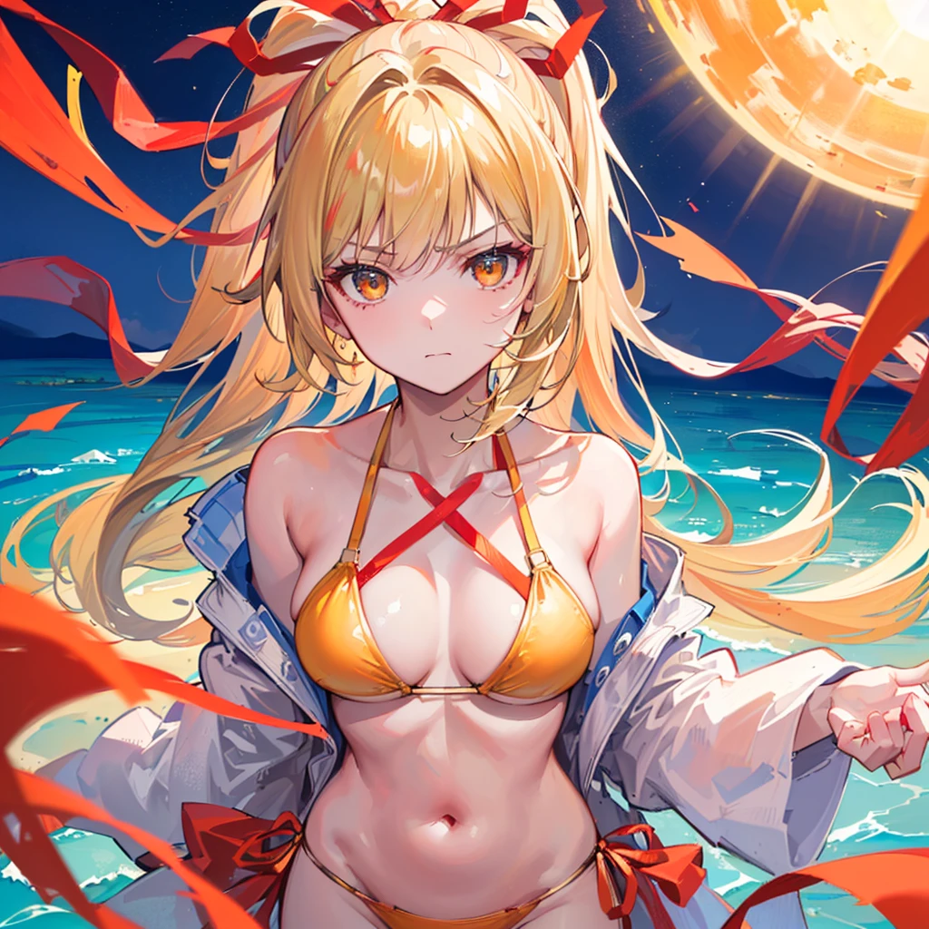 (((Best quality, 8k, Masterpiece: 1.3)), ((best quality)), ((masterpiece)), (detailed), Girl,Blonde,ponytail,Red ribbon,Golden Eyes,Orange Bikini,Ocean,sun,Bring your face closer to the screen,Frustrated with an angry expression