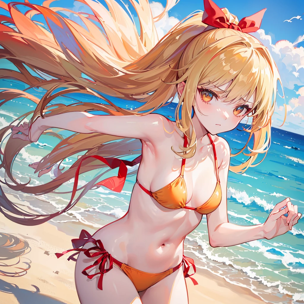 (((Best quality, 8k, Masterpiece: 1.3)), ((best quality)), ((masterpiece)), (detailed), Girl,Blonde,ponytail,Red ribbon,Golden Eyes,Orange Bikini,Ocean,sun,Bring your face closer to the screen,Frustrated with an angry expression