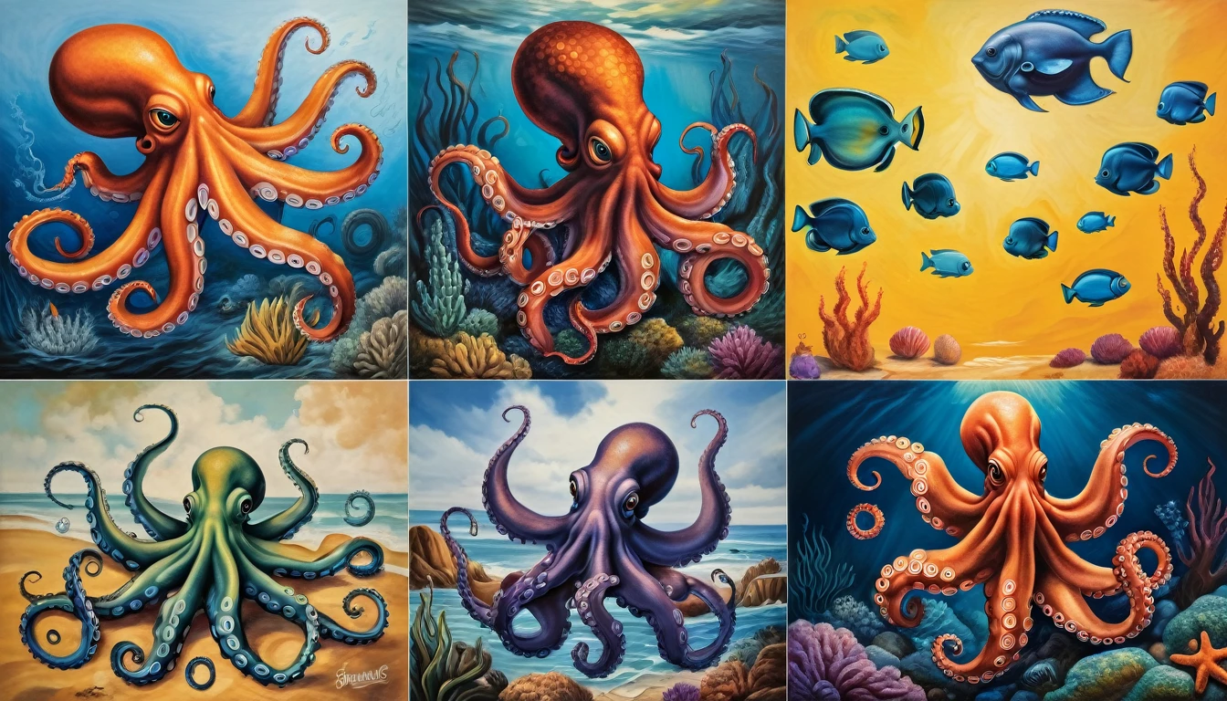 Progressive cover albums, Curious oil painting of an octopus&#39;s underwater habitat and its mysterious charm, coral, mago