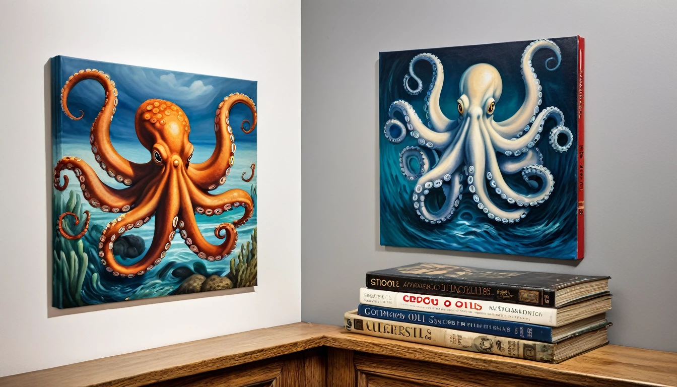 Progressive cover albums, Curious oil painting of an octopus&#39;s underwater habitat and its mysterious charm, coral, mago