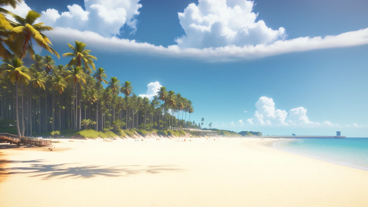 Pier and trees々のあるBeachの写真があります, Sandy Beach, Unity 3Dでレンダリング, 風の強いBeach, 手前のBeach, Beach, ( ( 3D Rendering ) ), A very distant forest, ( ( ( ( 3D Rendering ) ) ) ), Video game stills, Beachの風景, Detailed wide shot, Ghibli Screenshots, 背景のBeachの木々